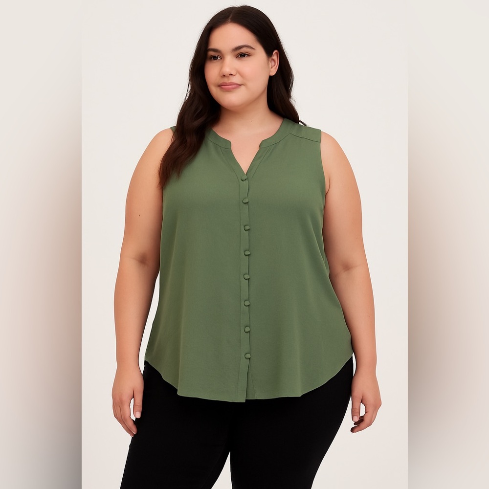 Torrid Women’s 2 (2X) Plus Green Sleeveless Button Front Relaxed Casual Chic Top